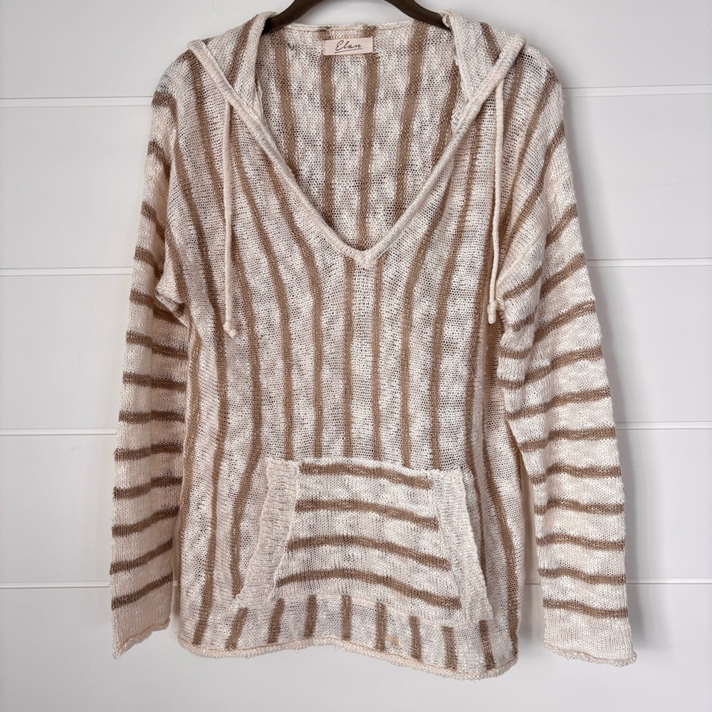 Elan Cream and Tan Striped Open Knit Hooded Beachy Sweater Women's Size Small